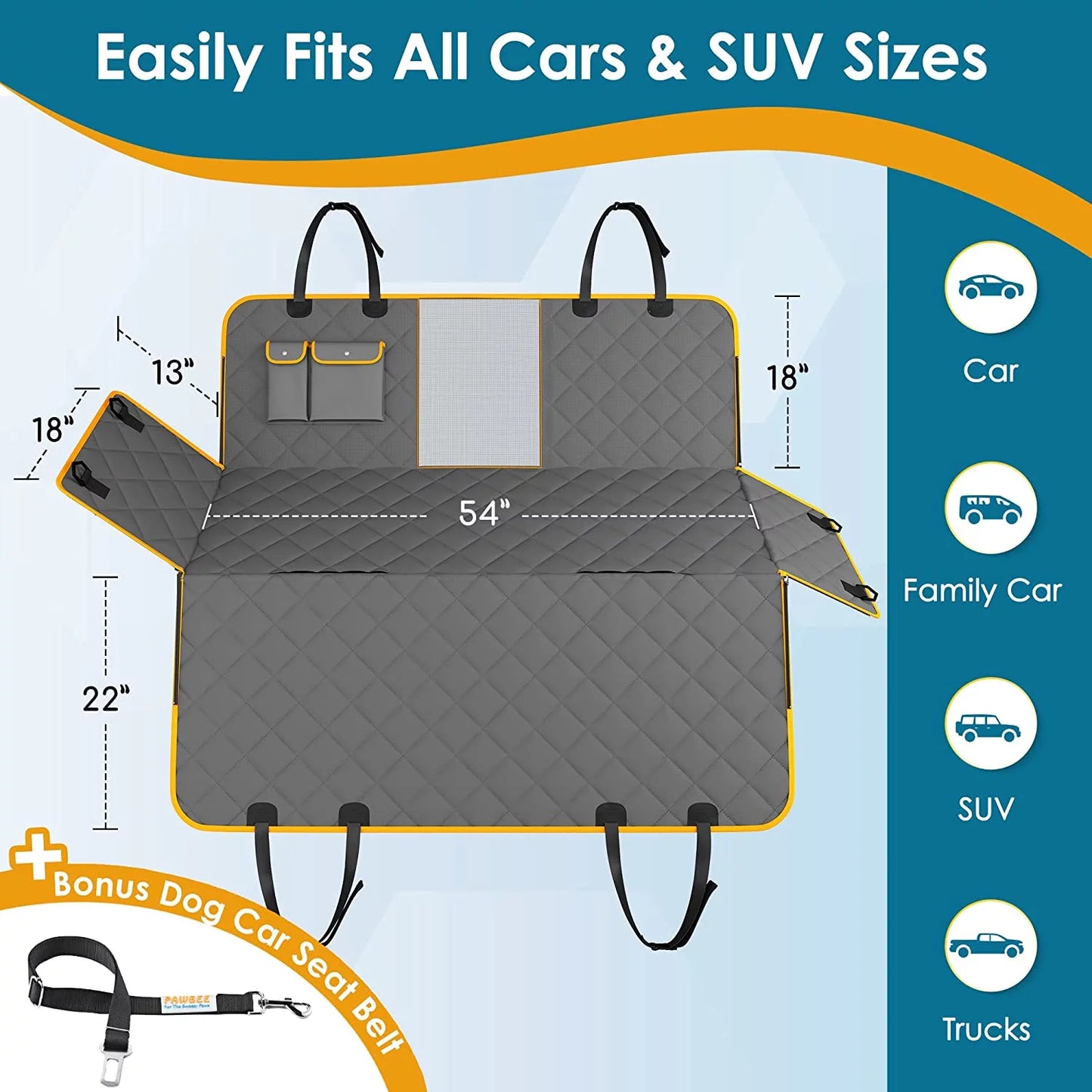 Dog Car Seat Cover, Waterproof & Nonslip Back Seat Hammock with Mesh Window & Seat Belt